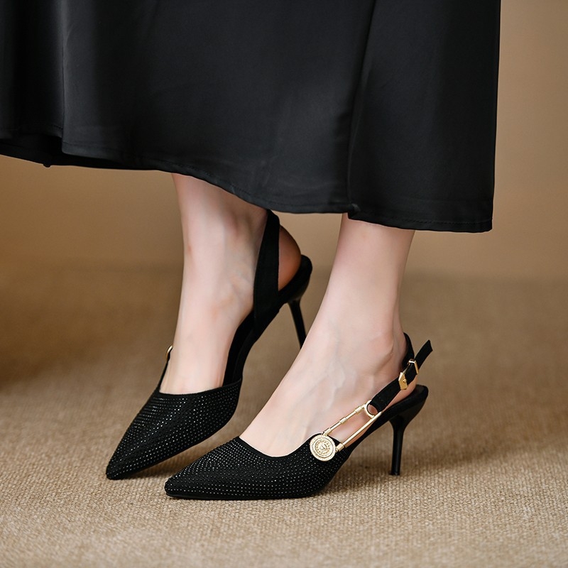 Γυναικεία ψηλοτάκουνα παπούτσια στιλέτο με μυτερή μύτη, ύφασμα με στρας, άνοιξη-καλοκαίρι 2024, σανδάλια με αγκράφα και φούστα, παπούτσια για πάρτι