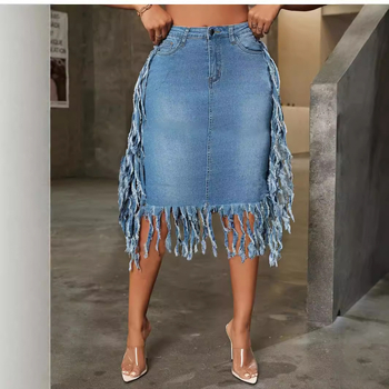 Διασυνοριακή HSF2418 Amazon για ευρωπαϊκή και αμερικανική τάση μόδας, σέξι πλυμένη φούστα με ψηλή μέση από τζιν με φούντες