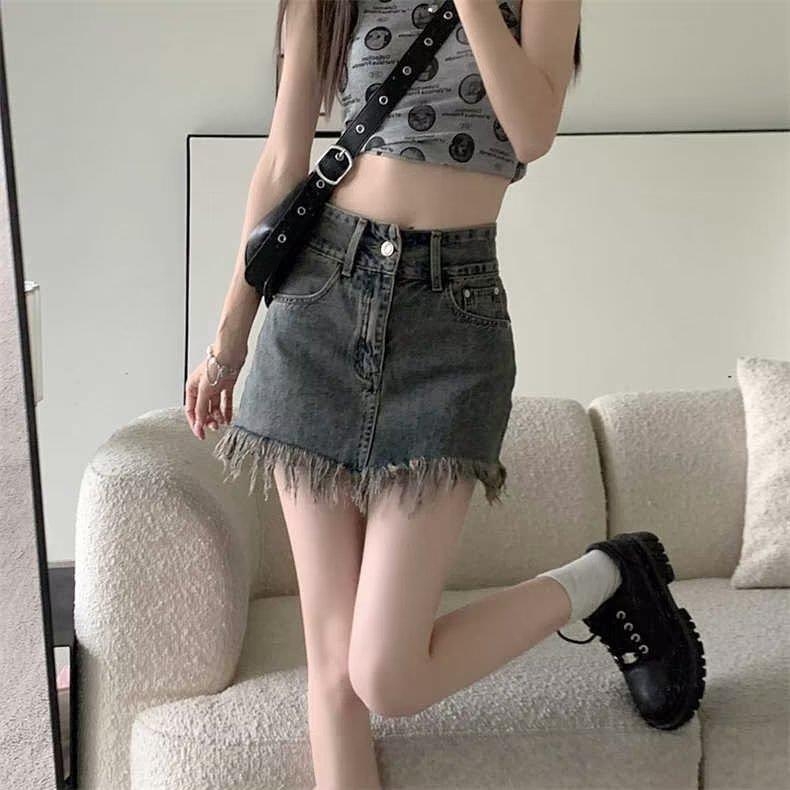 Väike vürtsikas tüdrukute teksaseelik naistele, suvi 2025 uus disain, kõrge vöökohaga, salendav, tutiga A-lõikeline seelik