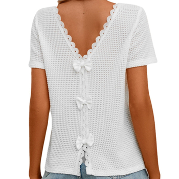 Καλοκαιρινό Ευρωπαϊκό και Αμερικανικό γυναικείο μπλουζάκι με V λαιμόκοψη και φιόγκο, με διακοσμητικό εξωτερικό, σε διασυνοριακό στιλ