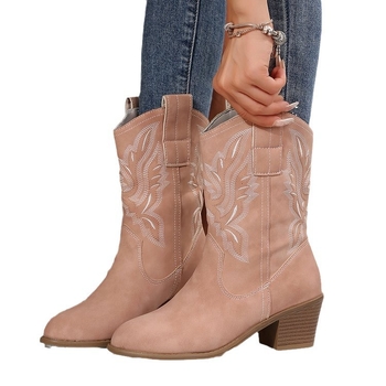 Γυναικείες Μπότες Φθινόπωρο και Χειμώνας 2024 Νέες Μπότες Ιππότη με Κεντημένα Μανίκια σε Σχέδιο V και Χοντρό Τακούνι Ρετρό Μπότες Western Cowboy με Μεσαία Μύτη