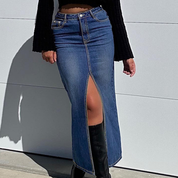 PY1056 Γυναικεία φούστα τζιν με ψηλή μέση και διακλαδική σχεδίαση Amazon, με διαιρεμένη γραμμή και ελαστική γραμμή