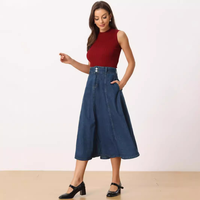 Ευρωπαϊκή και Αμερικανική σκούρα μπλε φούστα για γυναίκες Νέα εξαγωγή σε υψηλές πωλήσεις Μοντέρνα φούστα τζιν Πλυμένη φούστα τζιν