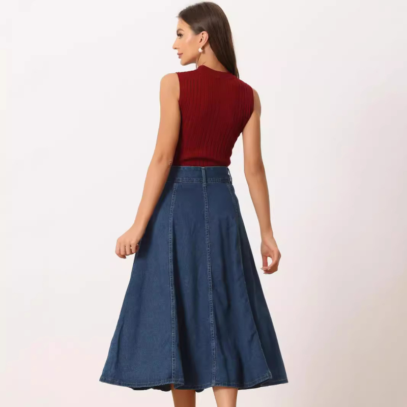 Ευρωπαϊκή και Αμερικανική σκούρα μπλε φούστα για γυναίκες Νέα εξαγωγή σε υψηλές πωλήσεις Μοντέρνα φούστα τζιν Πλυμένη φούστα τζιν