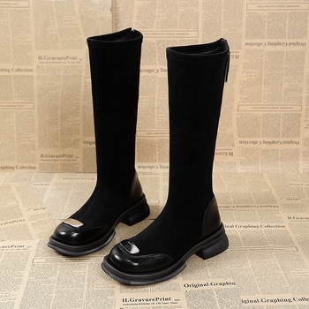 Γυναικείες μπότες βρετανικού στιλ 2024 νέες φθινοπωρινές και χειμωνιάτικες κάλτσες με ψηλοτάκουνα υφάσματα, μπότες με λεπτές μπότες ιππότη με ψηλοτάκουνα
