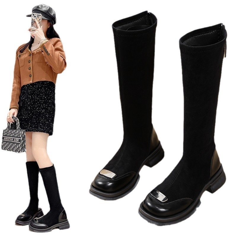 Γυναικείες μπότες βρετανικού στιλ 2024 νέες φθινοπωρινές και χειμωνιάτικες κάλτσες με ψηλοτάκουνα υφάσματα, μπότες με λεπτές μπότες ιππότη με ψηλοτάκουνα