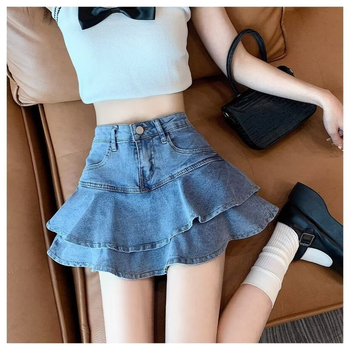 Γυναικεία καλοκαιρινή φούστα τζιν με βολάν, ψηλόμεση, σε γραμμή Α, φούστα ψαροκόκαλο, για μεγάλα μεγέθη, με αδυνάτισμα στους γοφούς και μακριά μανίκια