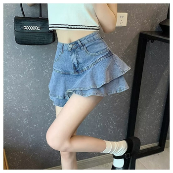 Γυναικεία καλοκαιρινή φούστα τζιν με βολάν, ψηλόμεση, σε γραμμή Α, φούστα ψαροκόκαλο, για μεγάλα μεγέθη, με αδυνάτισμα στους γοφούς και μακριά μανίκια