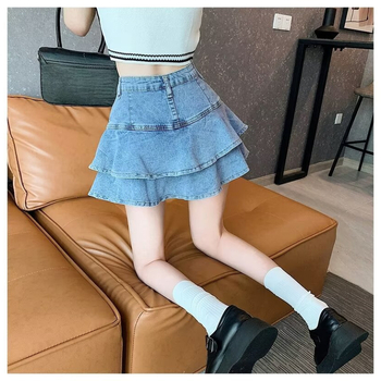 Γυναικεία καλοκαιρινή φούστα τζιν με βολάν, ψηλόμεση, σε γραμμή Α, φούστα ψαροκόκαλο, για μεγάλα μεγέθη, με αδυνάτισμα στους γοφούς και μακριά μανίκια