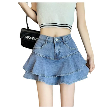 Γυναικεία καλοκαιρινή φούστα τζιν με βολάν, ψηλόμεση, σε γραμμή Α, φούστα ψαροκόκαλο, για μεγάλα μεγέθη, με αδυνάτισμα στους γοφούς και μακριά μανίκια