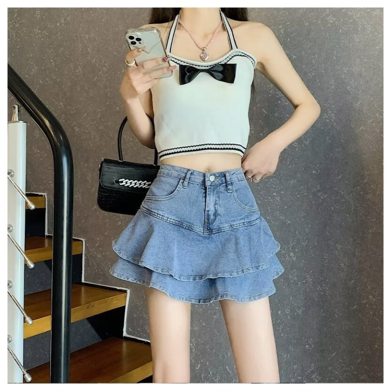 Γυναικεία καλοκαιρινή φούστα τζιν με βολάν, ψηλόμεση, σε γραμμή Α, φούστα ψαροκόκαλο, για μεγάλα μεγέθη, με αδυνάτισμα στους γοφούς και μακριά μανίκια