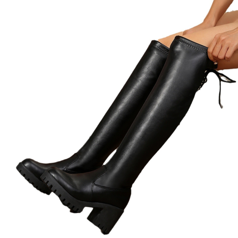 Μπότες αδυνατίσματος με χοντρό τακούνι και ύψος μέχρι το γόνατο σε κορεατικό στιλ, ψηλές ελαστικές μπότες, ψηλοτάκουνες μπότες ιππότη βρετανικού στιλ με κορδόνια και χοντρή σόλα