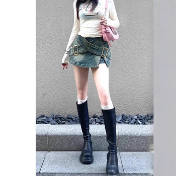 Ευρωπαϊκό και αμερικανικό στυλ Y2K Spice Girl Vintage τζιν φούστα γυναικών, καλοκαιρινή, νέα, ψηλόμεση γραμμή Α, κοντή, μοντέρνα, κοντή φούστα με παντελόνι και ψηλόμεσο σχέδιο.
