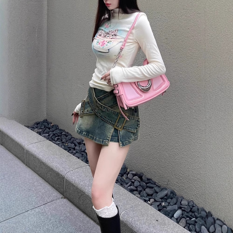 Ευρωπαϊκό και αμερικανικό στυλ Y2K Spice Girl Vintage τζιν φούστα γυναικών, καλοκαιρινή, νέα, ψηλόμεση γραμμή Α, κοντή, μοντέρνα, κοντή φούστα με παντελόνι και ψηλόμεσο σχέδιο.