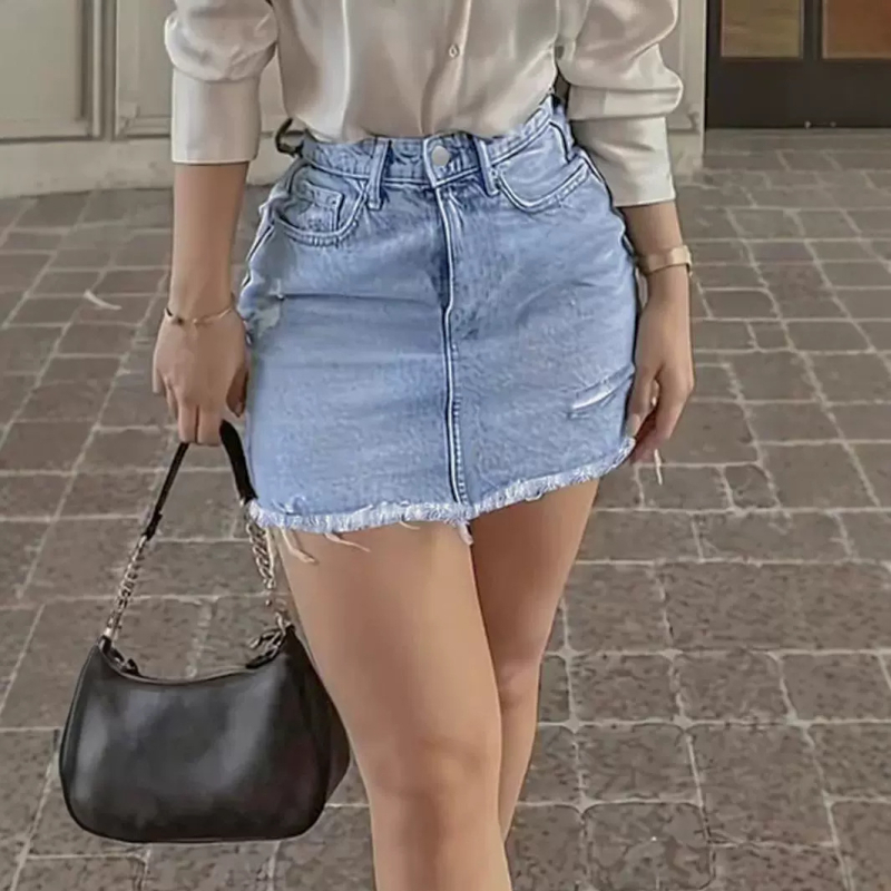 Μίνι φούστα τζιν με σκισίματα Zt09 και ακατέργαστες άκρες, Street Style, Casual φούστα τζιν με παντελόνι με τσέπες και κλείσιμο