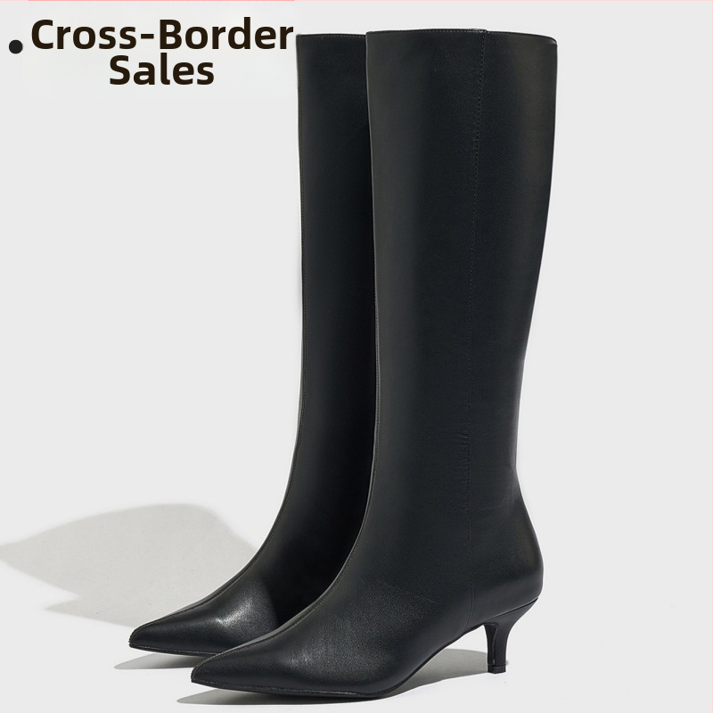 Γυναικείες φαρδιές ίσιες μπότες CrossBorder με τακούνι γάτας, φθινοπωρινές και χειμερινές, νέες μπότες στιλέτο με θήκη μέχρι το γόνατο, σε καθαρό χρώμα και μυτερή μύτη.