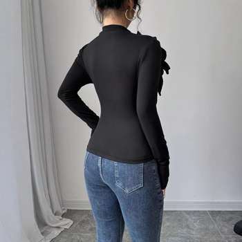 Γυναικείο τρισδιάστατο τοπ με λεπτή γραμμή, σχέδιο λουλουδιού και ψηλό γιακά με διαμάντια, μαύρο μακρύ μανίκι, κατάλληλο για ανοιξιάτικο και φθινοπωρινό γυναικείο κομψό τοπ