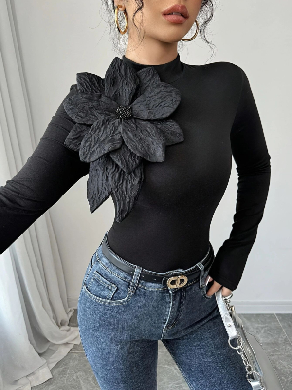 Γυναικείο τρισδιάστατο τοπ με λεπτή γραμμή, σχέδιο λουλουδιού και ψηλό γιακά με διαμάντια, μαύρο μακρύ μανίκι, κατάλληλο για ανοιξιάτικο και φθινοπωρινό γυναικείο κομψό τοπ