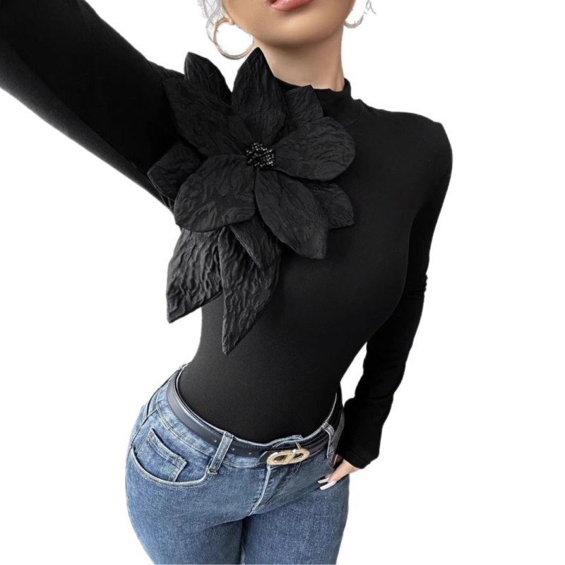 Γυναικείο τρισδιάστατο τοπ με λεπτή γραμμή, σχέδιο λουλουδιού και ψηλό γιακά με διαμάντια, μαύρο μακρύ μανίκι, κατάλληλο για ανοιξιάτικο και φθινοπωρινό γυναικείο κομψό τοπ