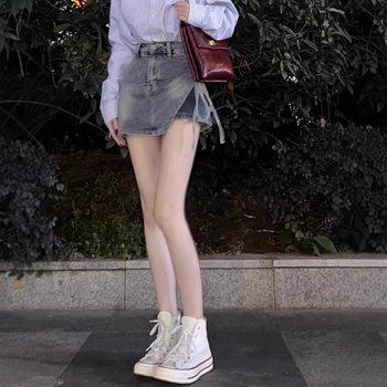 Γυναικεία φούστα τζιν με ακανόνιστο κορδόνι, καλοκαιρινή, ψηλόμεση, New Design Sense, μισή φούστα σε γραμμή Α