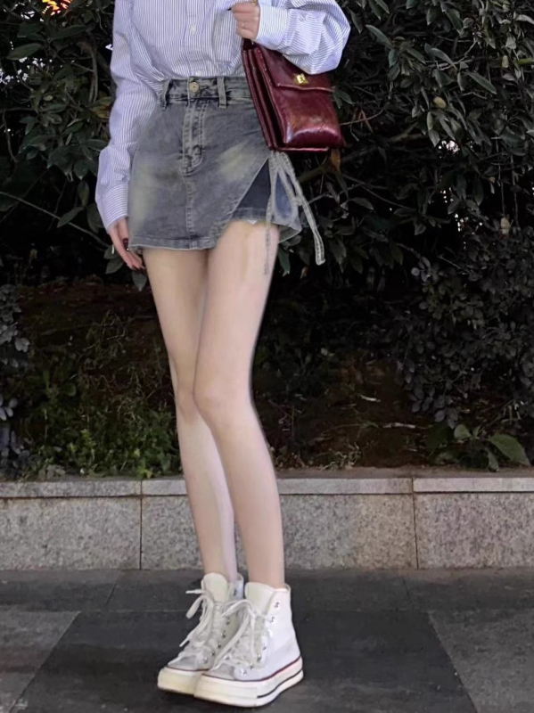 Γυναικεία φούστα τζιν με ακανόνιστο κορδόνι, καλοκαιρινή, ψηλόμεση, New Design Sense, μισή φούστα σε γραμμή Α