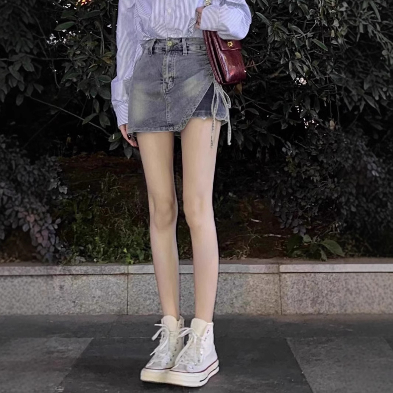Γυναικεία φούστα τζιν με ακανόνιστο κορδόνι, καλοκαιρινή, ψηλόμεση, New Design Sense, μισή φούστα σε γραμμή Α