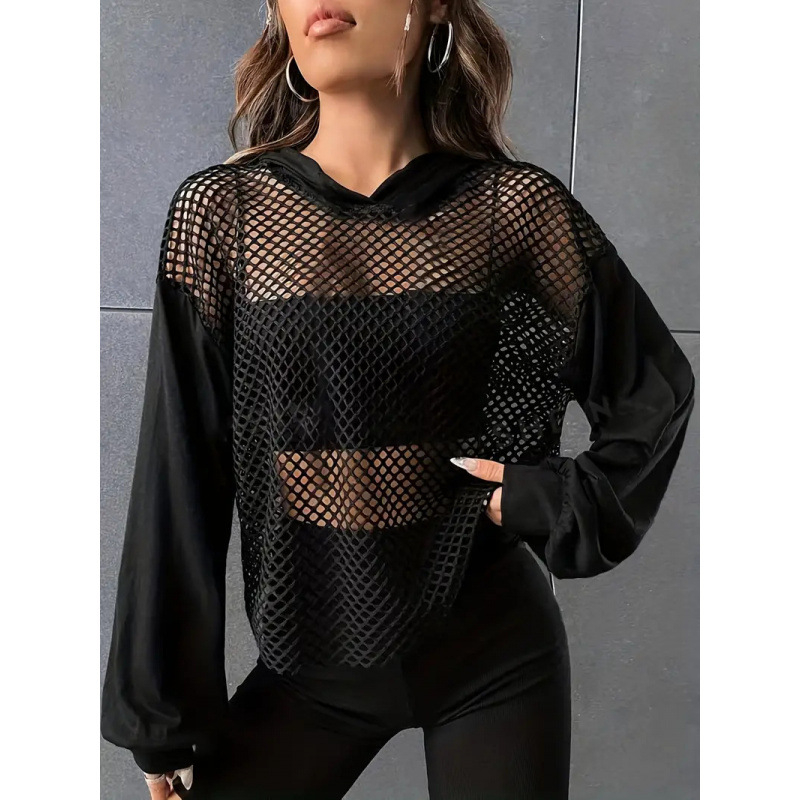 Κομψό μονόχρωμο εξωτερικό κοστούμι με κορδόνι, κομψό γυναικείο φούτερ με μακριά μανίκια από διχτυωτό ψάρεμα, άνετο και casual γυναικείο ένδυμα