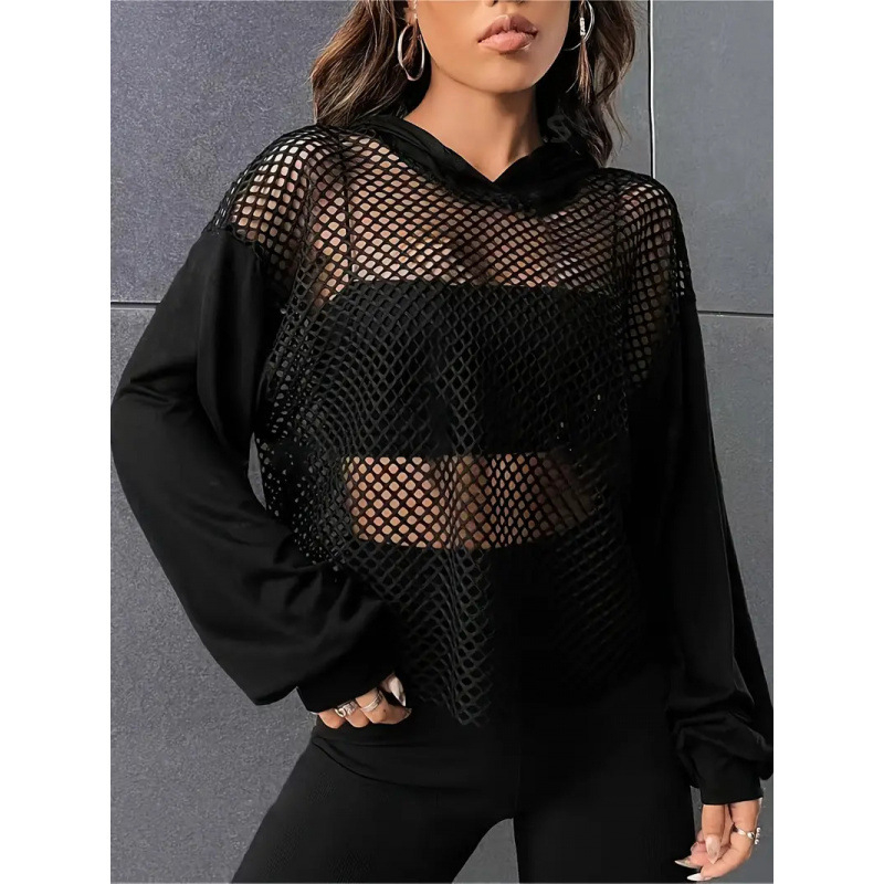 Κομψό μονόχρωμο εξωτερικό κοστούμι με κορδόνι, κομψό γυναικείο φούτερ με μακριά μανίκια από διχτυωτό ψάρεμα, άνετο και casual γυναικείο ένδυμα