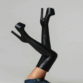 Γυναικείες Μπότες Πάνω από το Γόνατο, Μαύρες, Αδιάβροχες, Πλατφόρμα, Χοντρό Στήριγμα, Χοντρό Τακούνι, Πολύ Ψηλό Τακούνι, Ελαστικές Λεπτές Μπότες Πάνω από το Γόνατο, Γυναικείες Ψηλές Μπότες