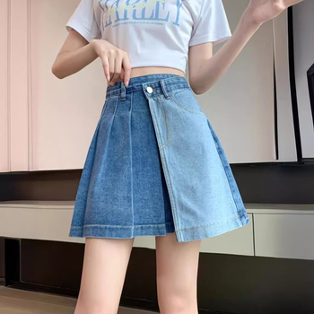 Αμερικανικό στυλ ρετρό κεντημένη τζιν φούστα γυναικών καλοκαιρινή ψηλή μέση καυτή κοπέλα σε γραμμή Α με αντιολισθητική φούστα και κοντό παντελόνι