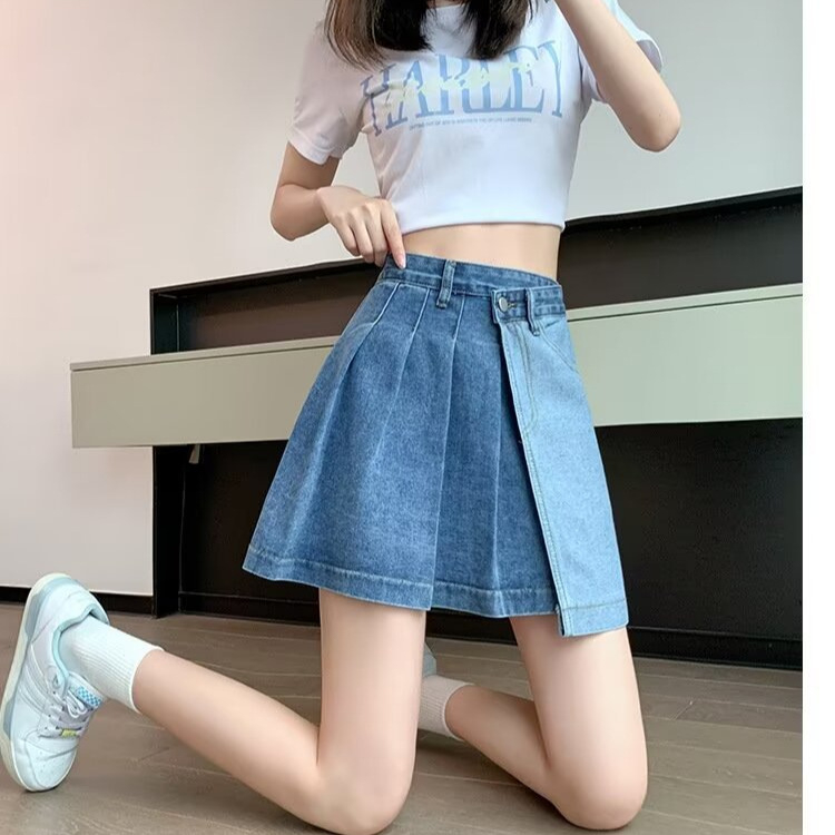 Αμερικανικό στυλ ρετρό κεντημένη τζιν φούστα γυναικών καλοκαιρινή ψηλή μέση καυτή κοπέλα σε γραμμή Α με αντιολισθητική φούστα και κοντό παντελόνι
