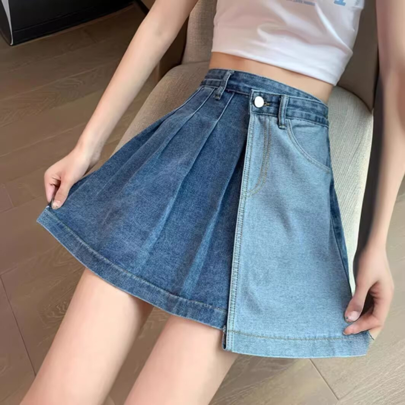 Αμερικανικό στυλ ρετρό κεντημένη τζιν φούστα γυναικών καλοκαιρινή ψηλή μέση καυτή κοπέλα σε γραμμή Α με αντιολισθητική φούστα και κοντό παντελόνι