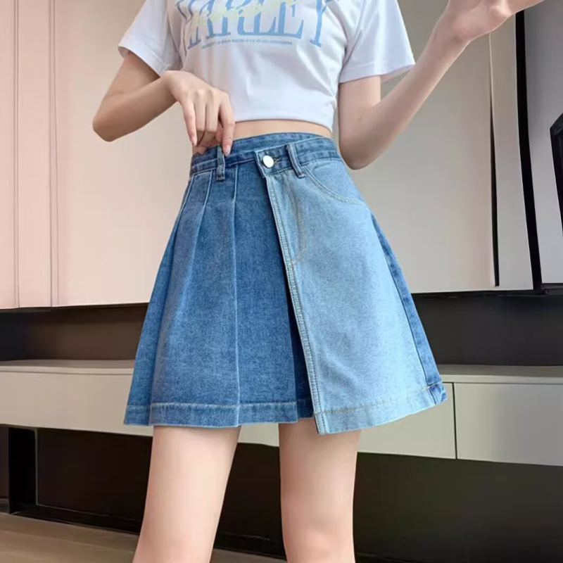 Αμερικανικό στυλ ρετρό κεντημένη τζιν φούστα γυναικών καλοκαιρινή ψηλή μέση καυτή κοπέλα σε γραμμή Α με αντιολισθητική φούστα και κοντό παντελόνι