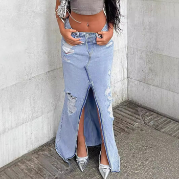 Mh1122 Τζιν παντελόνι με τρύπες και σχισμές, απλό πλυμένο μπλε vintage street style εξαιρετικά μακριά τζιν φούστα