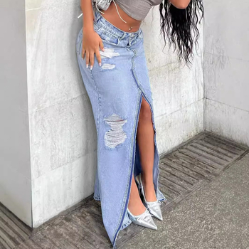 Mh1122 Τζιν παντελόνι με τρύπες και σχισμές, απλό πλυμένο μπλε vintage street style εξαιρετικά μακριά τζιν φούστα