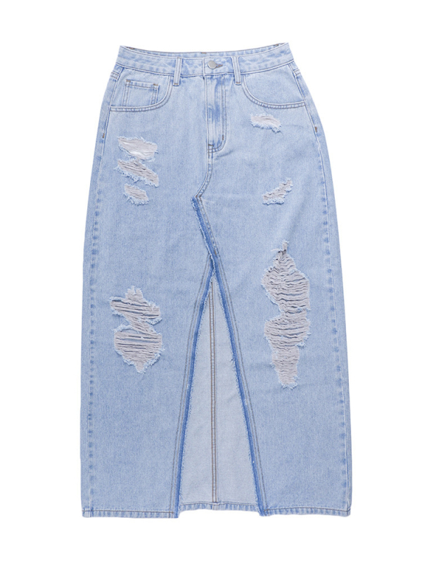 Mh1122 Τζιν παντελόνι με τρύπες και σχισμές, απλό πλυμένο μπλε vintage street style εξαιρετικά μακριά τζιν φούστα