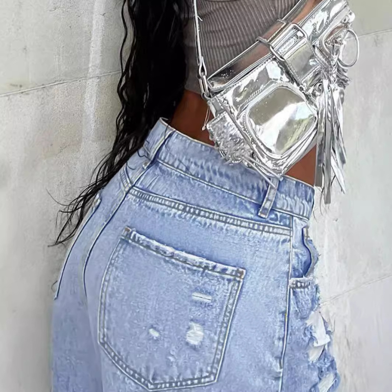 Mh1122 Τζιν παντελόνι με τρύπες και σχισμές, απλό πλυμένο μπλε vintage street style εξαιρετικά μακριά τζιν φούστα