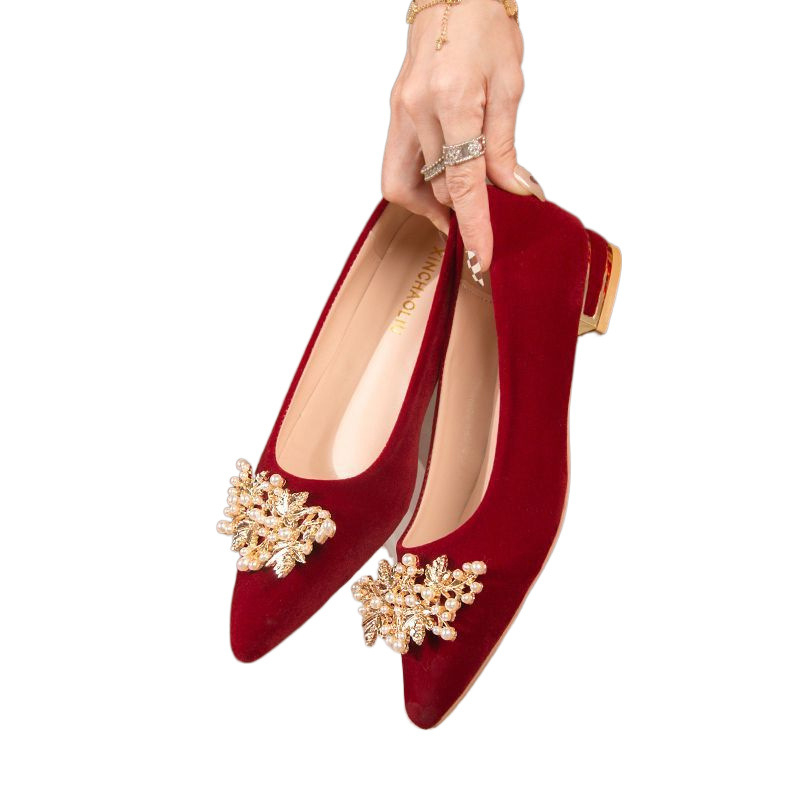 Νυφικά παπούτσια Jinbukang Xiuhe Bride Άνοιξη και Φθινόπωρο Νέα νυφικά παπούτσια με χοντρά τακούνια σε κόκκινο χρώμα, γυναικεία νυφικά με ψηλοτάκουνα πέδιλα και toast banquet