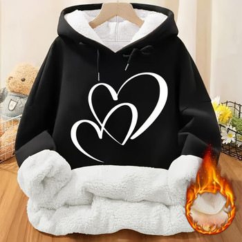 Moteriškas laisvalaikio žieminis šiltas vilnos pamušalu, širdies formos margintas džemperis su gobtuvu, storas megztinis su kišene