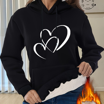 Moteriškas laisvalaikio žieminis šiltas vilnos pamušalu, širdies formos margintas džemperis su gobtuvu, storas megztinis su kišene