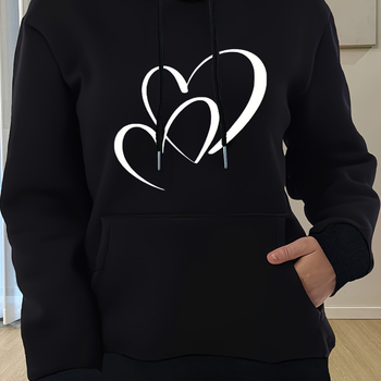 Moteriškas laisvalaikio žieminis šiltas vilnos pamušalu, širdies formos margintas džemperis su gobtuvu, storas megztinis su kišene