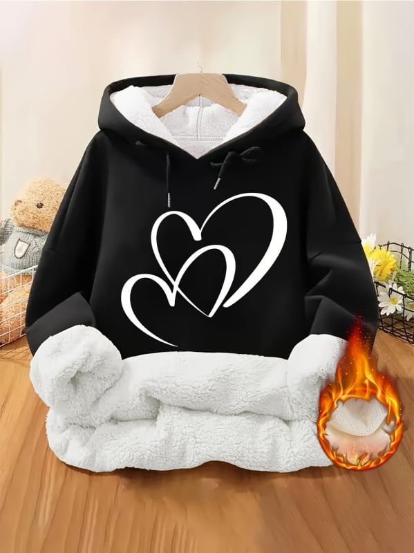 Moteriškas laisvalaikio žieminis šiltas vilnos pamušalu, širdies formos margintas džemperis su gobtuvu, storas megztinis su kišene