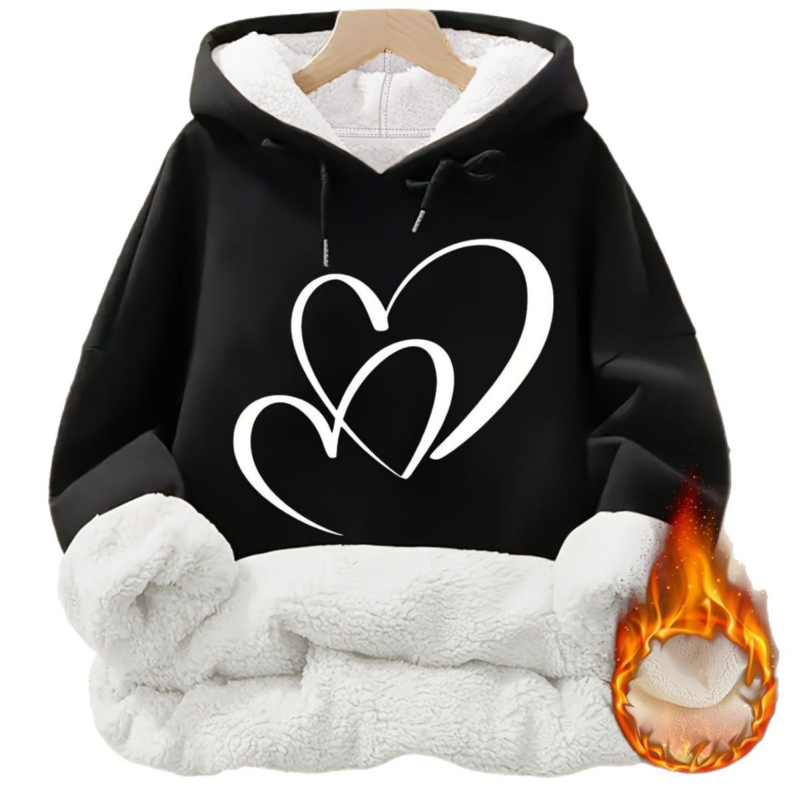Moteriškas laisvalaikio žieminis šiltas vilnos pamušalu, širdies formos margintas džemperis su gobtuvu, storas megztinis su kišene