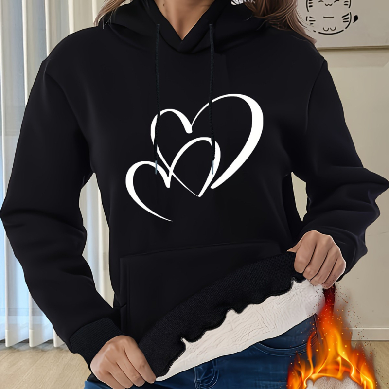 Moteriškas laisvalaikio žieminis šiltas vilnos pamušalu, širdies formos margintas džemperis su gobtuvu, storas megztinis su kišene