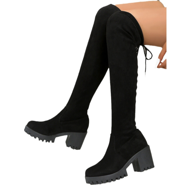 Tamprūs liekninantys moteriški aulinukai virš kelių, zomšiniai rudens ir žiemos naujo stiliaus, storas kulnas, storas padas, aukšti aulinukai, moteriški aukštakulniai su raišteliais nugaroje