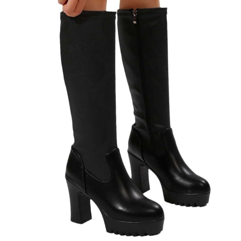 Φθινόπωρο και Χειμώνας 2024 Νέες απλές, στρογγυλές, αδιάβροχες, ψηλοτάκουνες, casual, μακριές μπότες με στρογγυλή κεφαλή, γυναικείες λεπτές, μακριές μπότες ιππότη