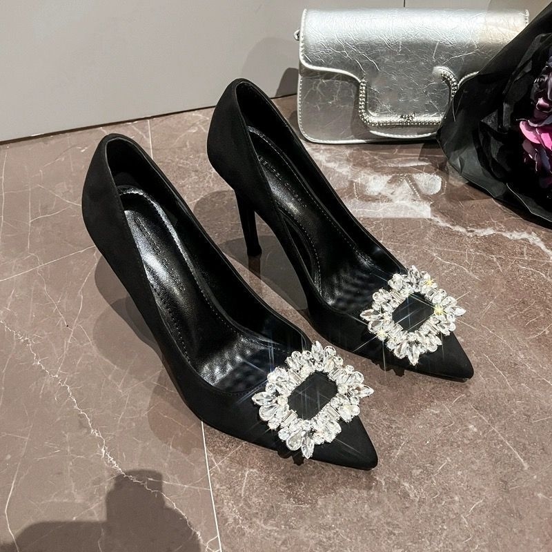 Μαύρα ψηλοτάκουνα παπούτσια Pure Desire, γυναικεία ψηλοτάκουνα παπούτσια στιλέτο 2024 New Cyber Celebrity Commuter, γυναικεία παπούτσια με στρας, μυτερά γαλλικά, κομψά, μονόστρωτα παπούτσια