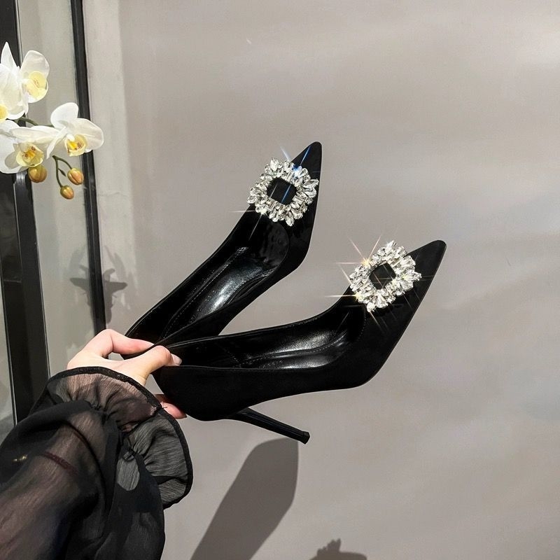 Μαύρα ψηλοτάκουνα παπούτσια Pure Desire, γυναικεία ψηλοτάκουνα παπούτσια στιλέτο 2024 New Cyber Celebrity Commuter, γυναικεία παπούτσια με στρας, μυτερά γαλλικά, κομψά, μονόστρωτα παπούτσια