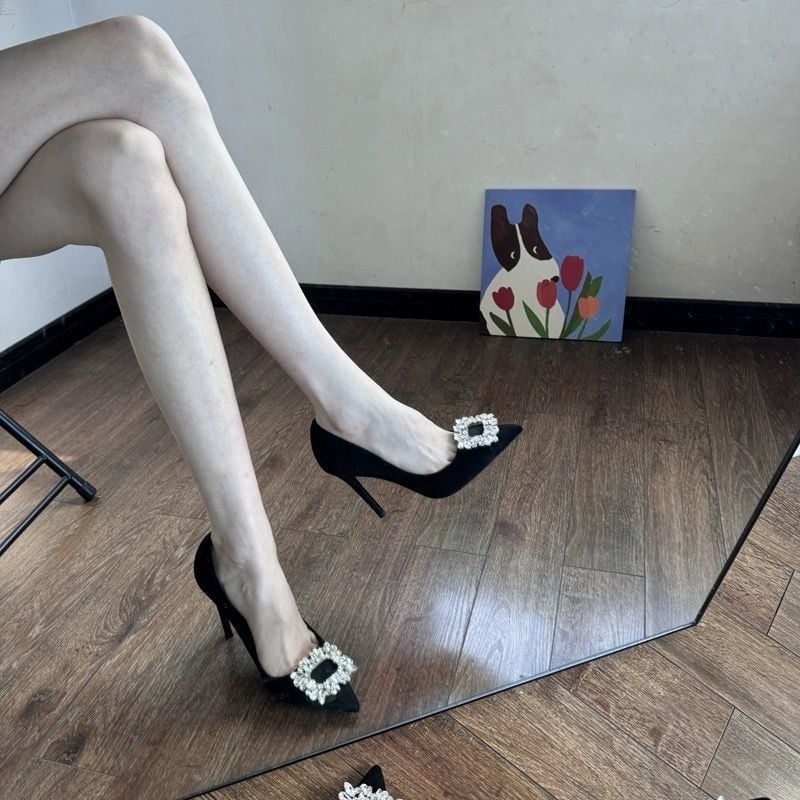 Μαύρα ψηλοτάκουνα παπούτσια Pure Desire, γυναικεία ψηλοτάκουνα παπούτσια στιλέτο 2024 New Cyber Celebrity Commuter, γυναικεία παπούτσια με στρας, μυτερά γαλλικά, κομψά, μονόστρωτα παπούτσια