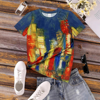 Európai és amerikai népszerű női absztrakt festésű, színes blokkos varrású, újdonságokkal díszített, kerek nyakú póló, rövid ujjú női felső